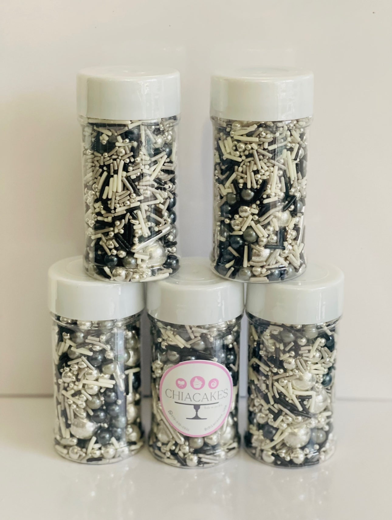 Sprinkles de Pastelería Variados: Plateado, Negro, Blanco y Gris